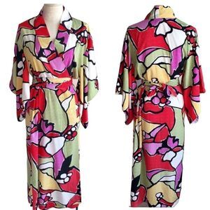 Natori- Vintage 90s Kimono Robe Duster Wrap Dress Pop Art, Size Medium